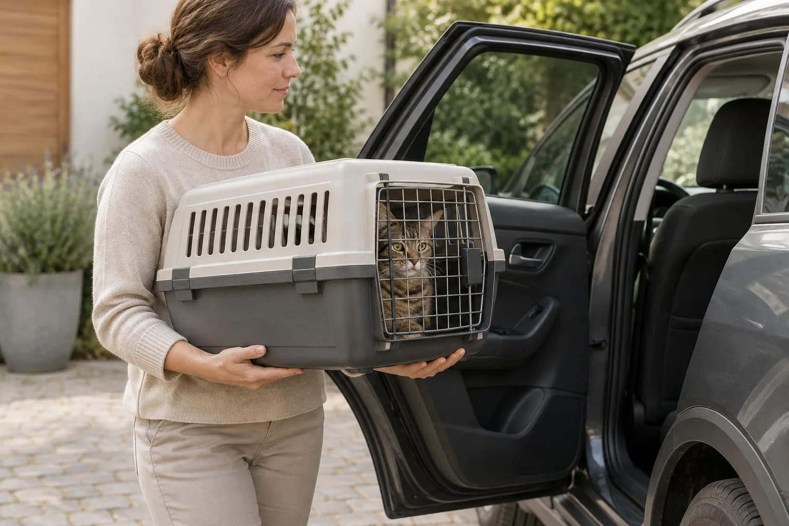 Una donna porta con entrambe le mani un trasportino chiuso con un gatto all'interno verso un'auto con la porta posteriore aperta.
