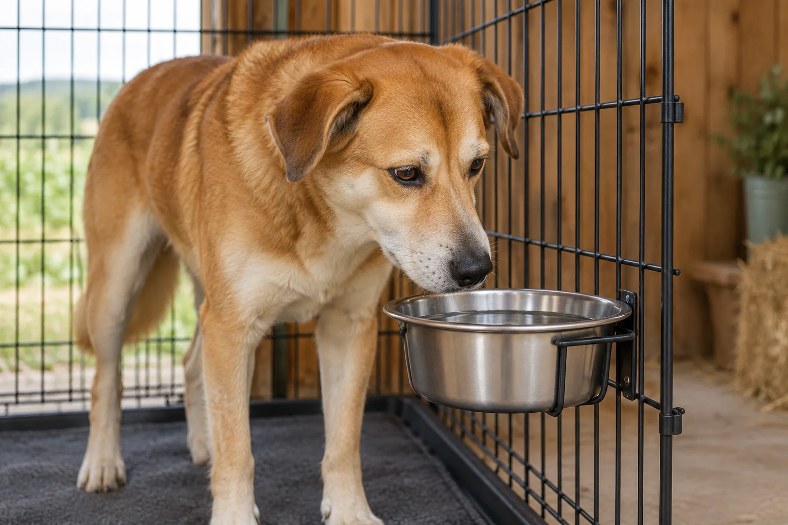 Cane marrone in un trasportino a gabbia metallico accanto a una ciotola per l’acqua appesa alla griglia con un supporto.