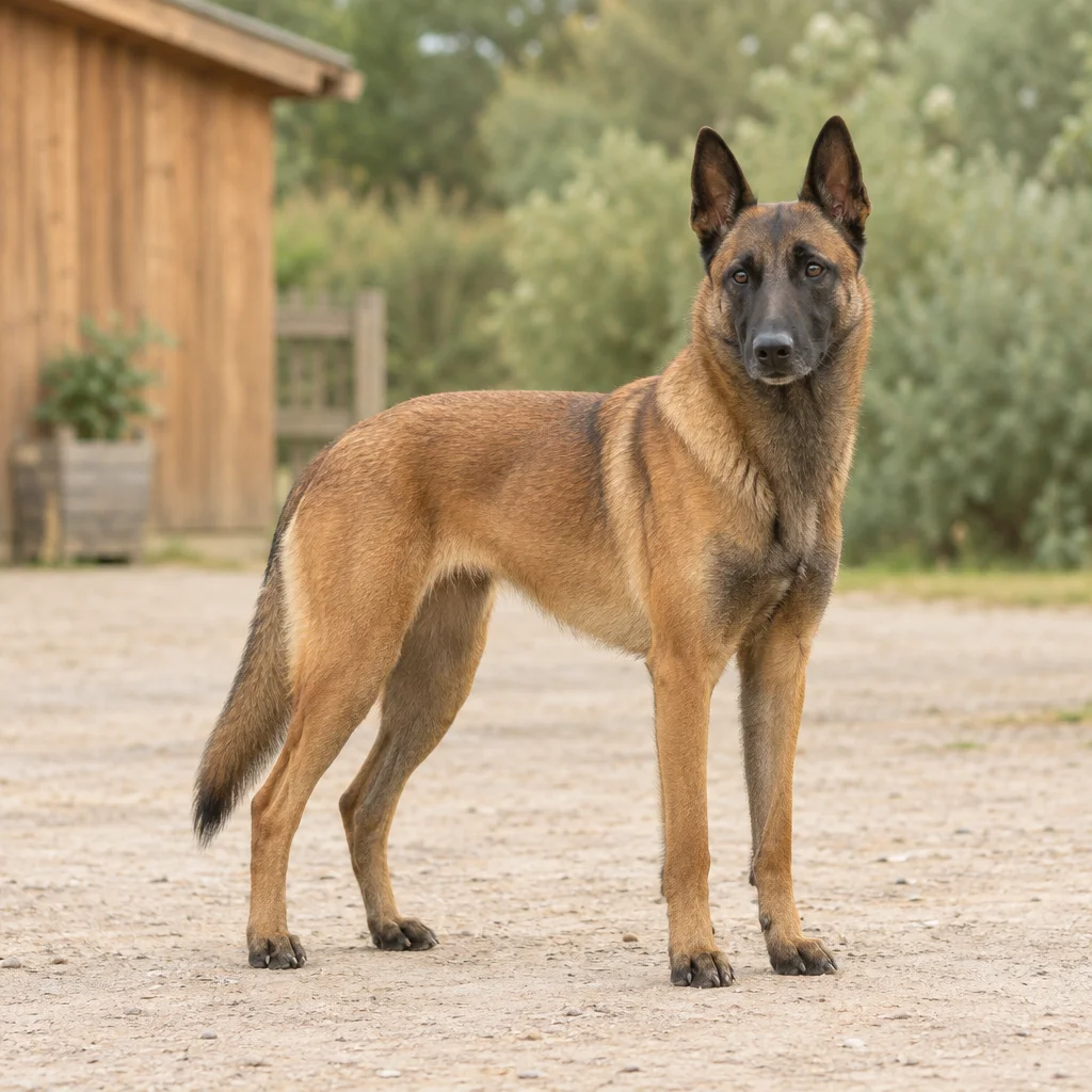Un cane a pelo corto, fulvo, con maschera scura e orecchie erette, è in piedi in un'azienda agricola con tutte e quattro le zampe visibili.