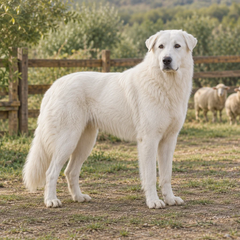 Illustrazione di un Pastore Maremmano Abruzzese bianco vicino a una recinzione, con pecore sullo sfondo.