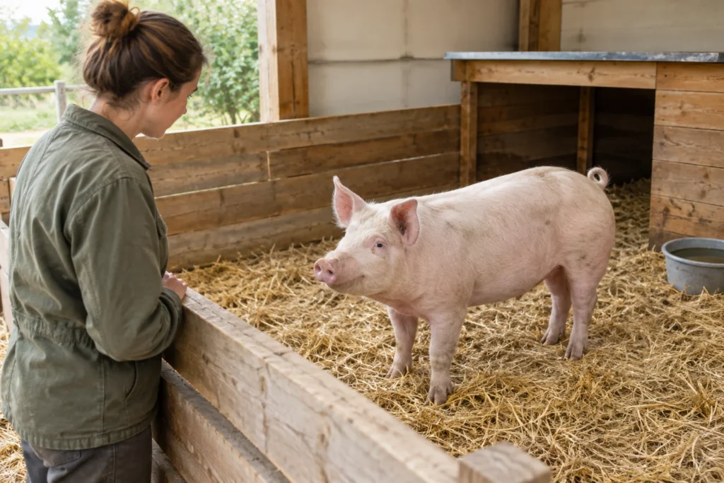 Una persona osserva un maiale rosa in un recinto di legno con paglia e una ciotola per l'acqua.