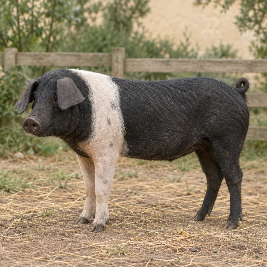 Maiale nero con una fascia chiara sulle spalle e sugli arti anteriori, in piedi in un cortile davanti a una staccionata di legno.