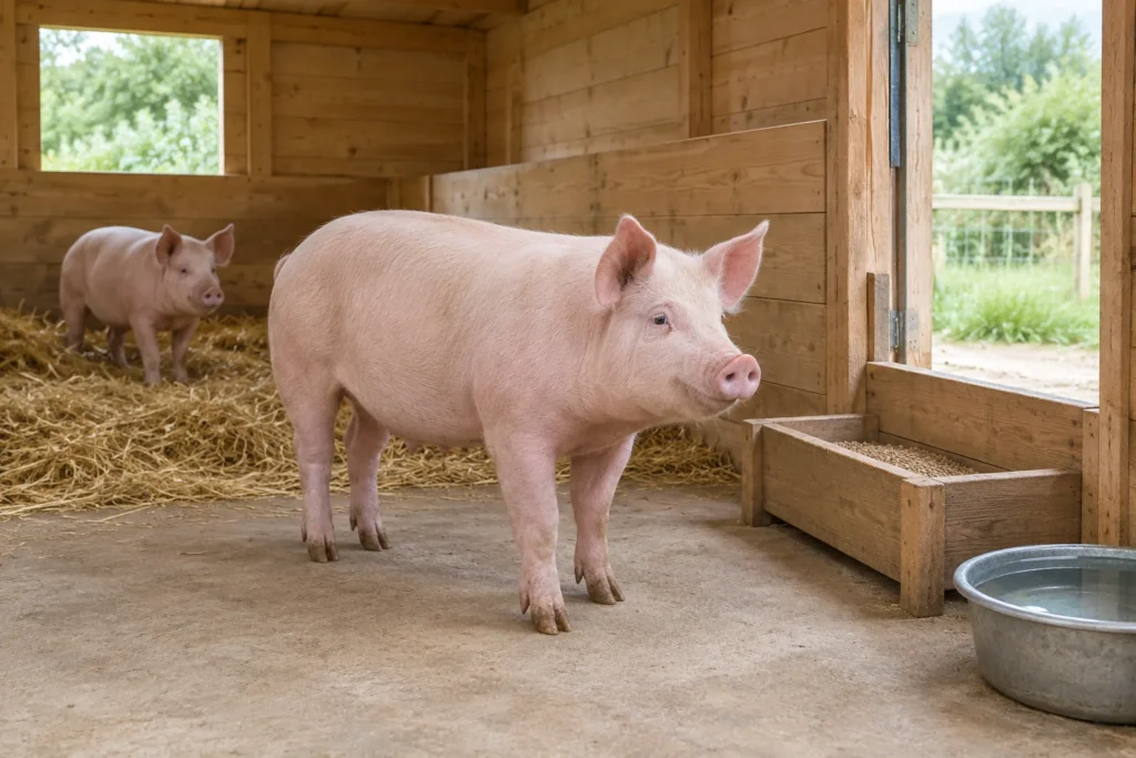 Due suini rosa in una stalla di legno con paglia, una mangiatoia e un abbeveratoio.