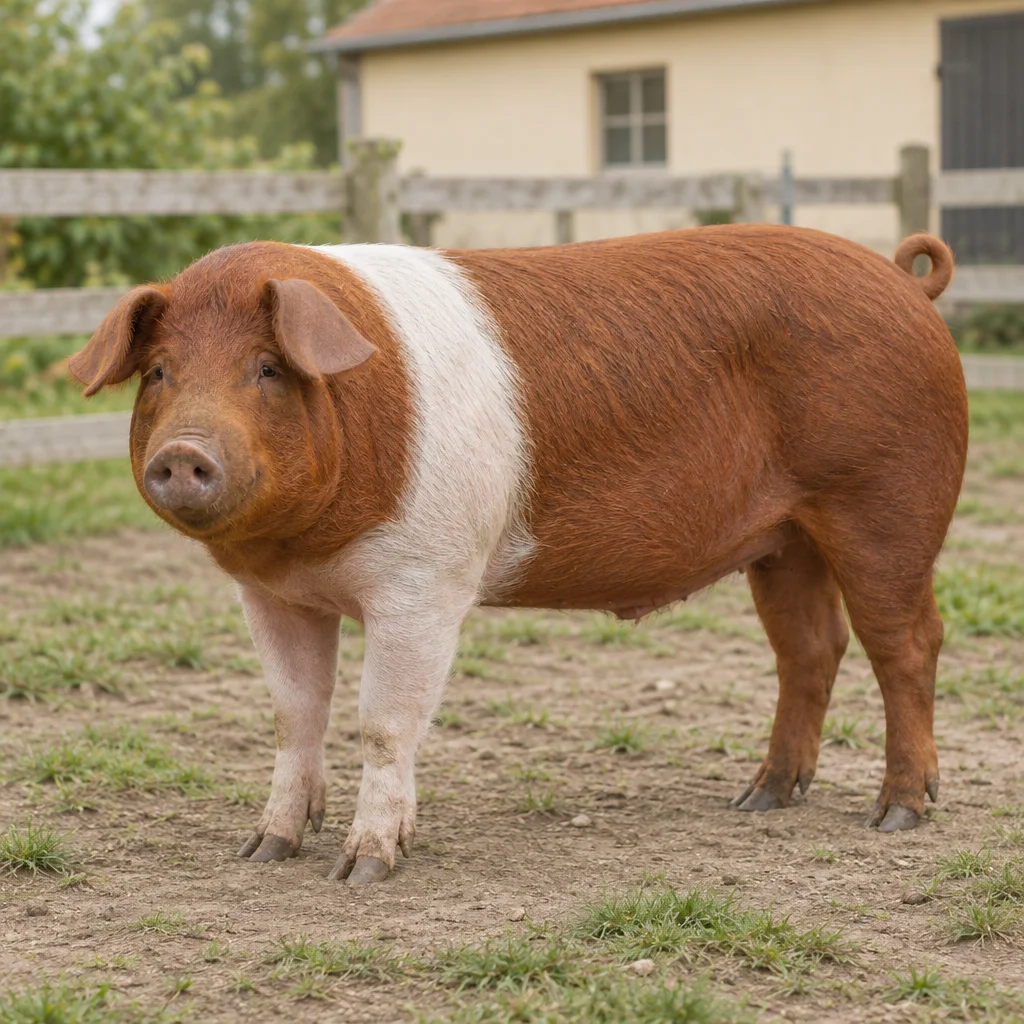 Un maiale rosso con un'ampia fascia bianca sulle spalle si trova in un'area esterna recintata, con tutte e quattro le zampe visibili.
