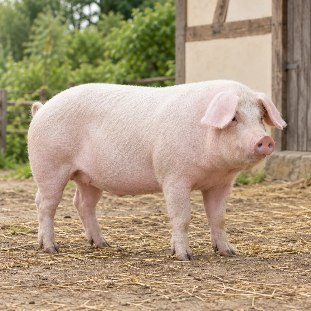 Grande maiale rosa chiaro con setole bianche e orecchie pendenti, in piedi con tutte e quattro le zampe visibili in un cortile con paglia.