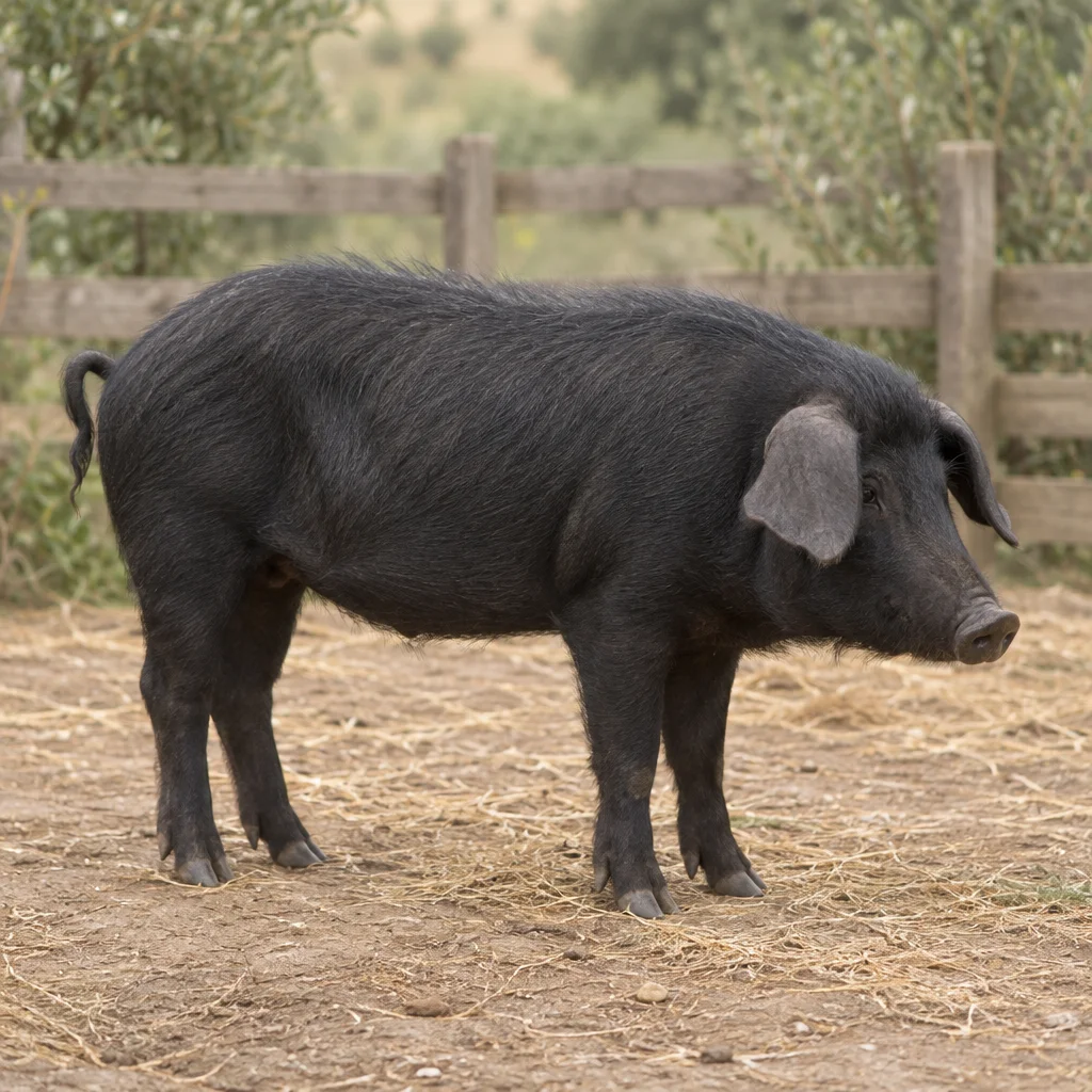 Un maiale nero con le orecchie pendenti è interamente visibile in un cortile con paglia, davanti a una staccionata di legno.