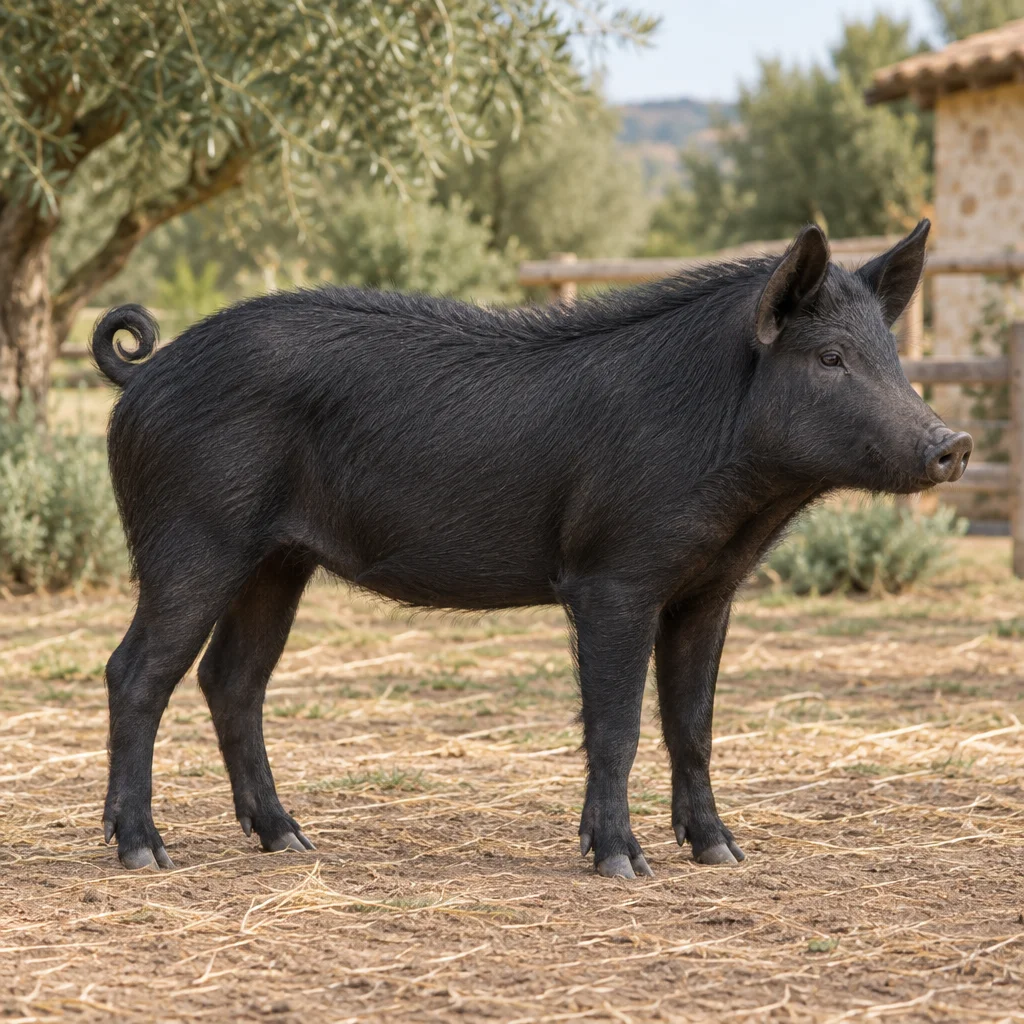 Illustrazione di un maiale nero con orecchie erette e peli ispidi lungo il dorso in uno spazio esterno recintato.
