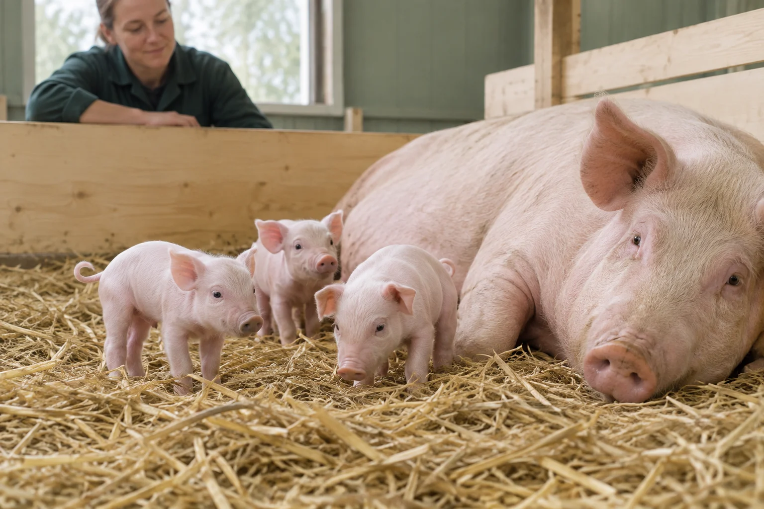 Tre piccoli suinetti rosa sono sulla paglia accanto a una scrofa sdraiata, mentre una persona che li accudisce osserva oltre la divisoria.