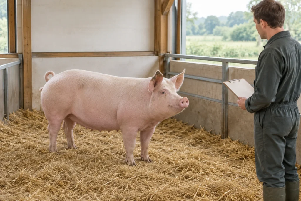 Suino adulto rosa in una stalla con paglia, mentre un allevatore accanto al recinto osserva l'animale tenendo in mano una cartellina con molletta vuota.