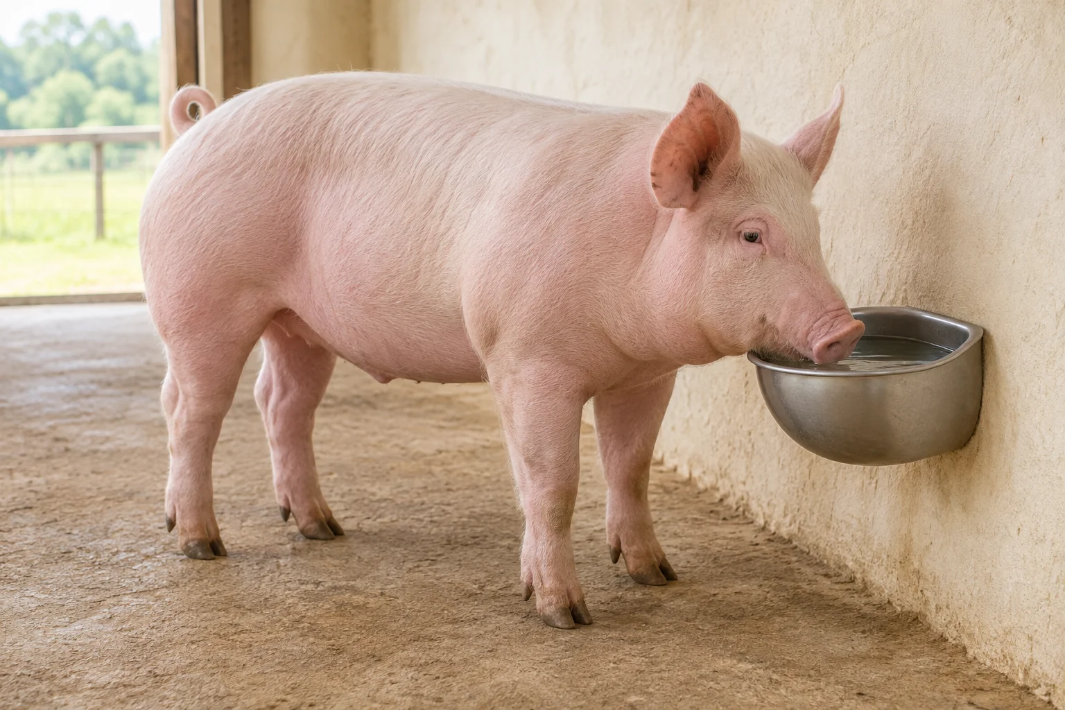 Suino rosa accanto a un abbeveratoio a vaschetta con acqua fissato alla parete.