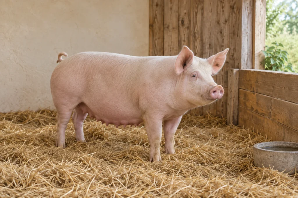 Una scrofa rosa è in piedi sulla paglia in una stalla luminosa con una parete divisoria in legno e un abbeveratoio.