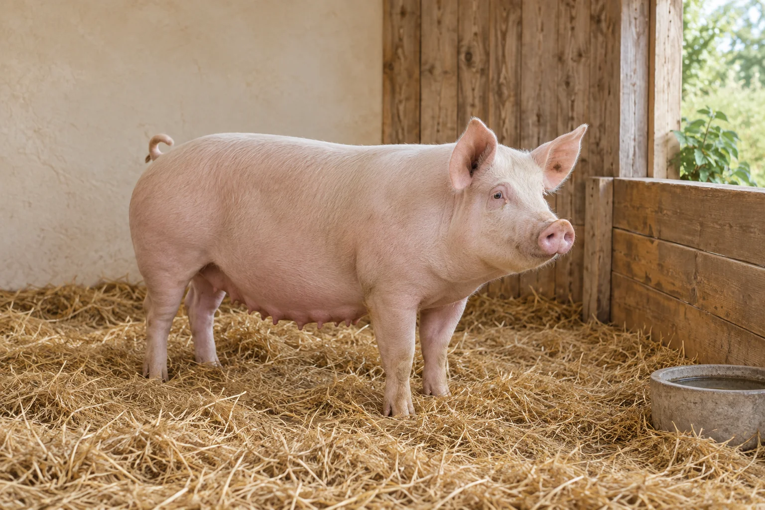 Una scrofa rosa è in piedi sulla paglia in una stalla luminosa con una parete divisoria in legno e un abbeveratoio.