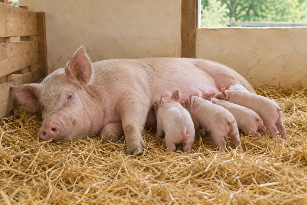 Una scrofa è sdraiata sulla paglia mentre i suinetti poppano.