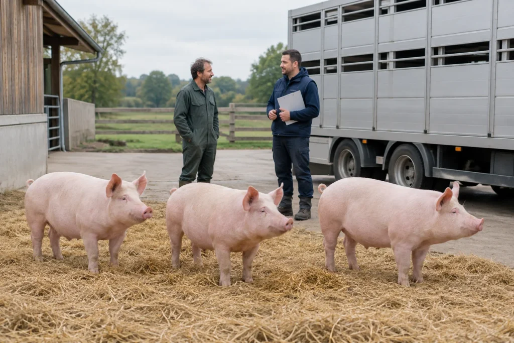 Tre suini rosa stanno sulla paglia accanto a un camion per il trasporto di animali. Vicino a loro ci sono due uomini, uno dei quali tiene una cartellina con fermaglio.