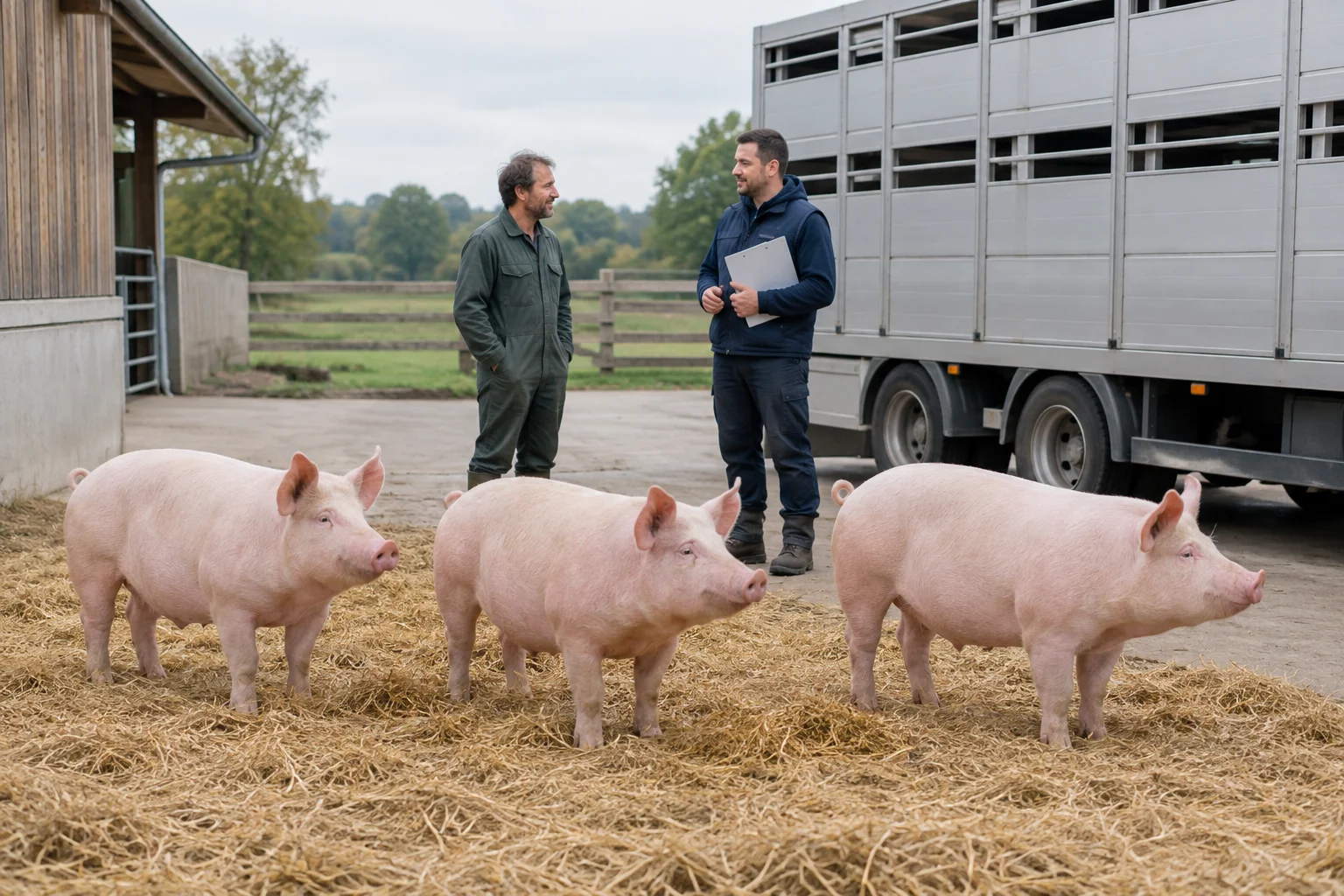 Tre suini rosa stanno sulla paglia accanto a un camion per il trasporto di animali. Vicino a loro ci sono due uomini, uno dei quali tiene una cartellina con fermaglio.