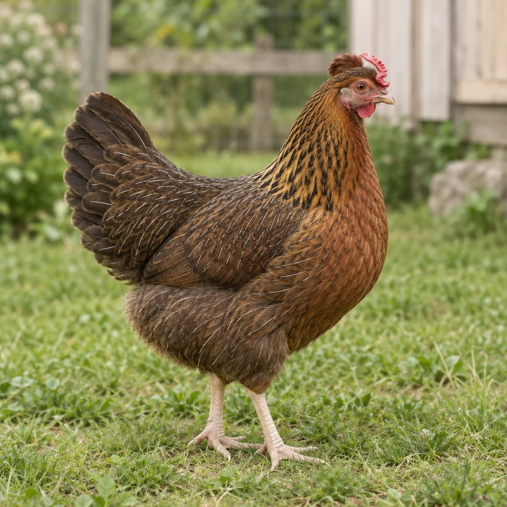 Illustrazione di una gallina Altsteirer bruna selvatica con un piccolo ciuffo, in piedi sull'erba.