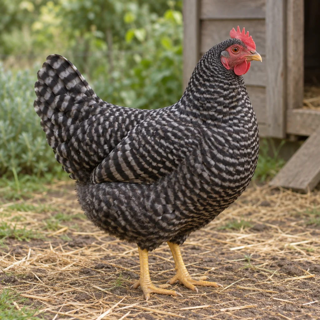 Illustrazione di una gallina barrata di tipo Amrock, con cresta rossa e zampe gialle, accanto a un pollaio.
