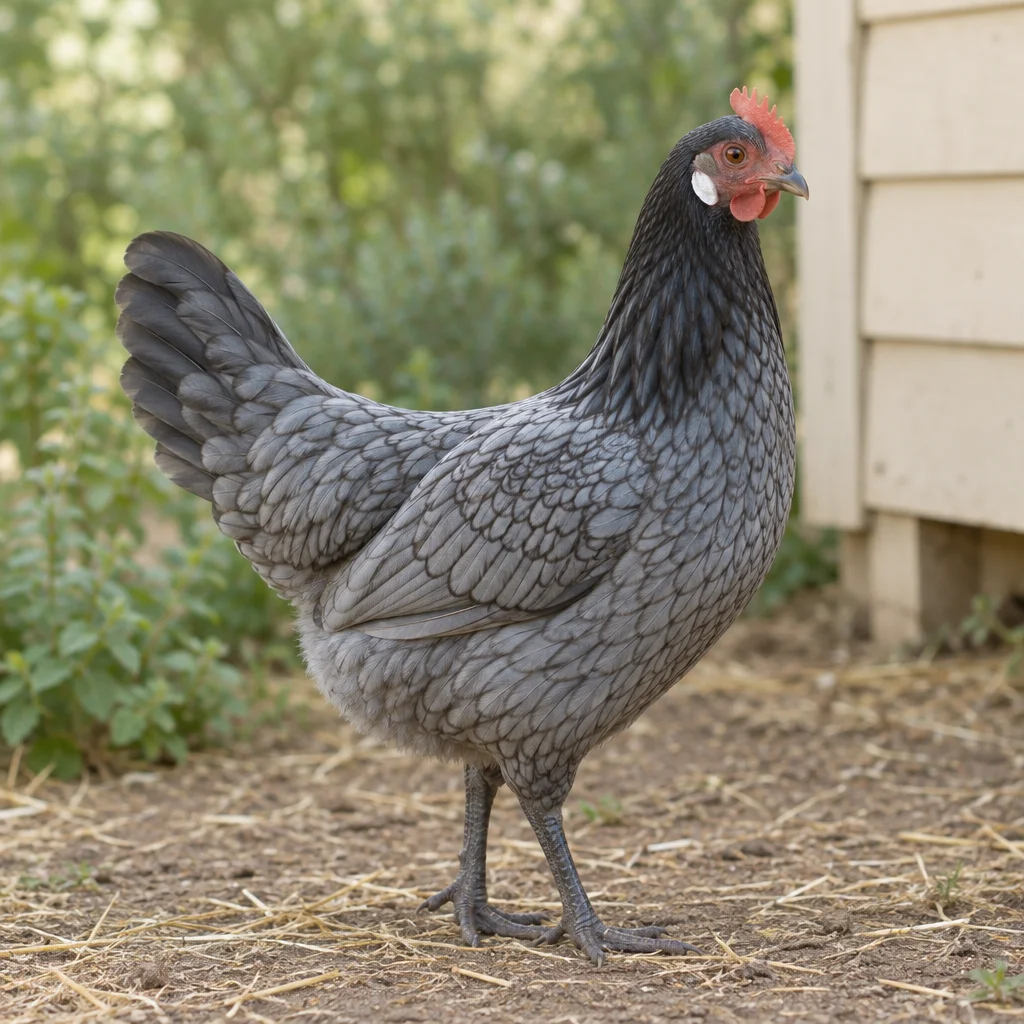 Una gallina dal piumaggio grigio azzurro bordato di scuro, con collo scuro, orecchione bianco e zampe grigio ardesia, si trova in un cortile vicino a un pollaio in legno.