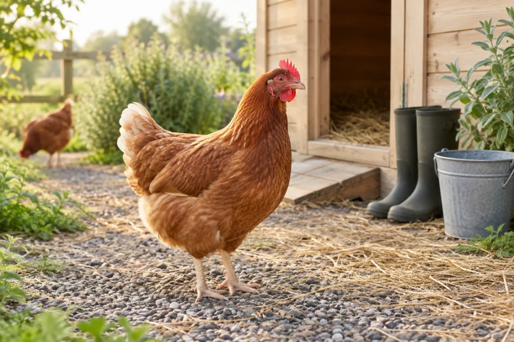 Due galline marroni in un cortile aperto vicino a un pollaio di legno.