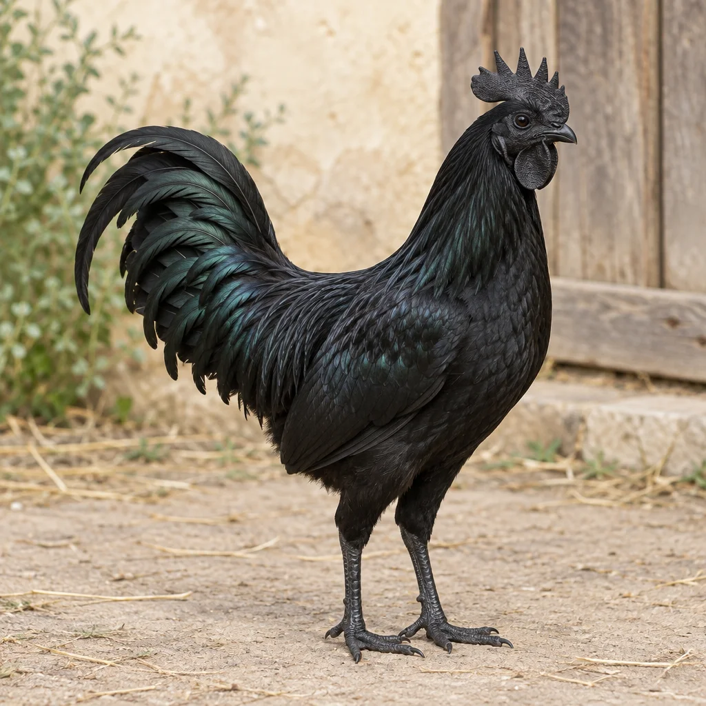 Un gallo nero con cresta e zampe scure si trova in un cortile davanti a un muro chiaro e a una porta di legno.