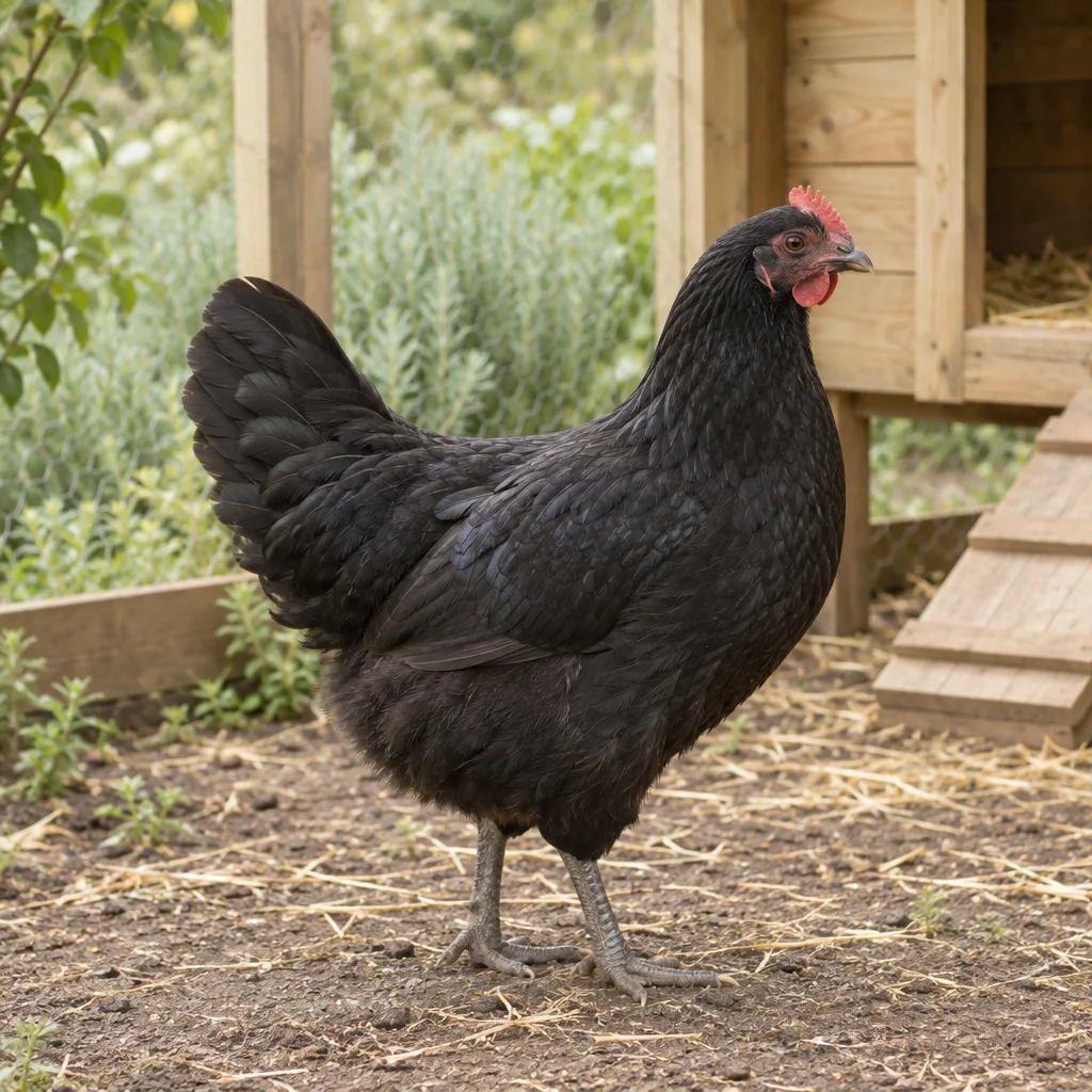 Illustrazione di una gallina nera con cresta rossa accanto a un pollaio in legno.