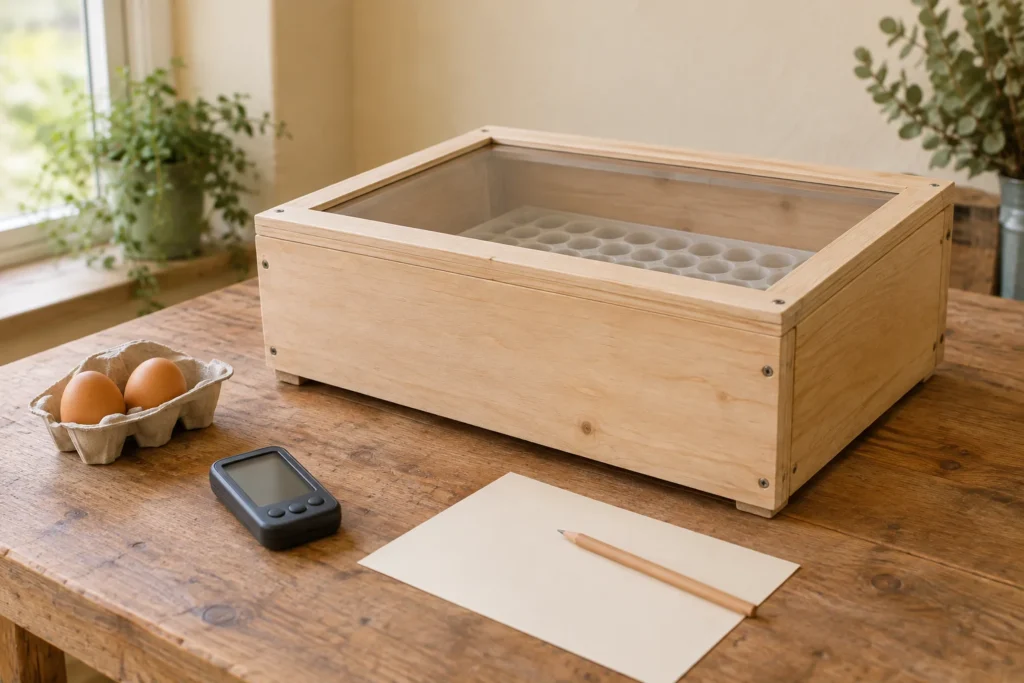 Cassetta di legno con coperchio trasparente e supporto per le uova vuoto su un tavolo da lavoro, accanto a due uova, uno strumento di misura con lo schermo spento, un foglio bianco e una matita.