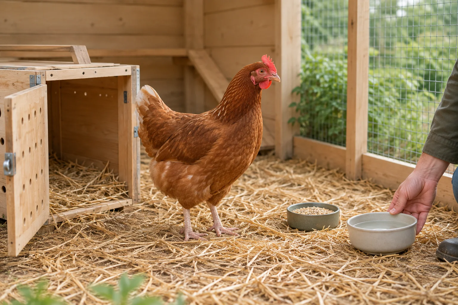 Gallina marrone in uno spazio con paglia, accanto a una cassa di legno aperta per il trasporto. Una mano posa un recipiente per l'acqua.