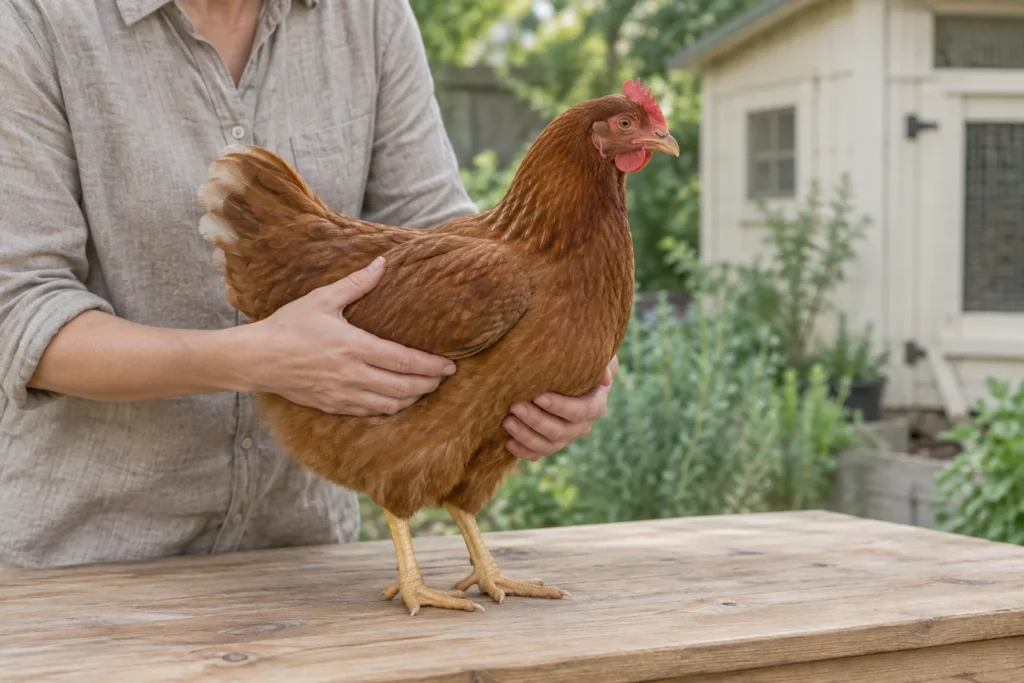 Una gallina marrone sta su un tavolo di legno mentre una persona la tiene con calma con entrambe le mani, una delle quali sotto il petto.