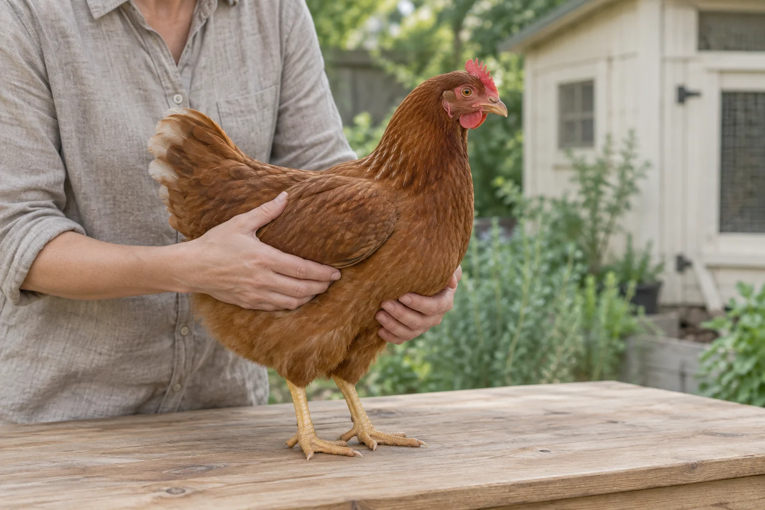 Una gallina marrone sta su un tavolo di legno mentre una persona la tiene con calma con entrambe le mani, una delle quali sotto il petto.