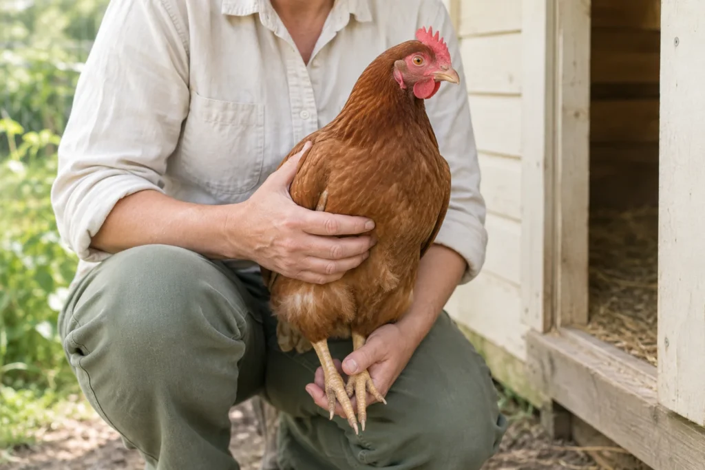Una persona accovacciata tiene una gallina marrone in posizione eretta accanto a un pollaio in legno, con una mano lungo l'ala e l'altra sotto le zampe.