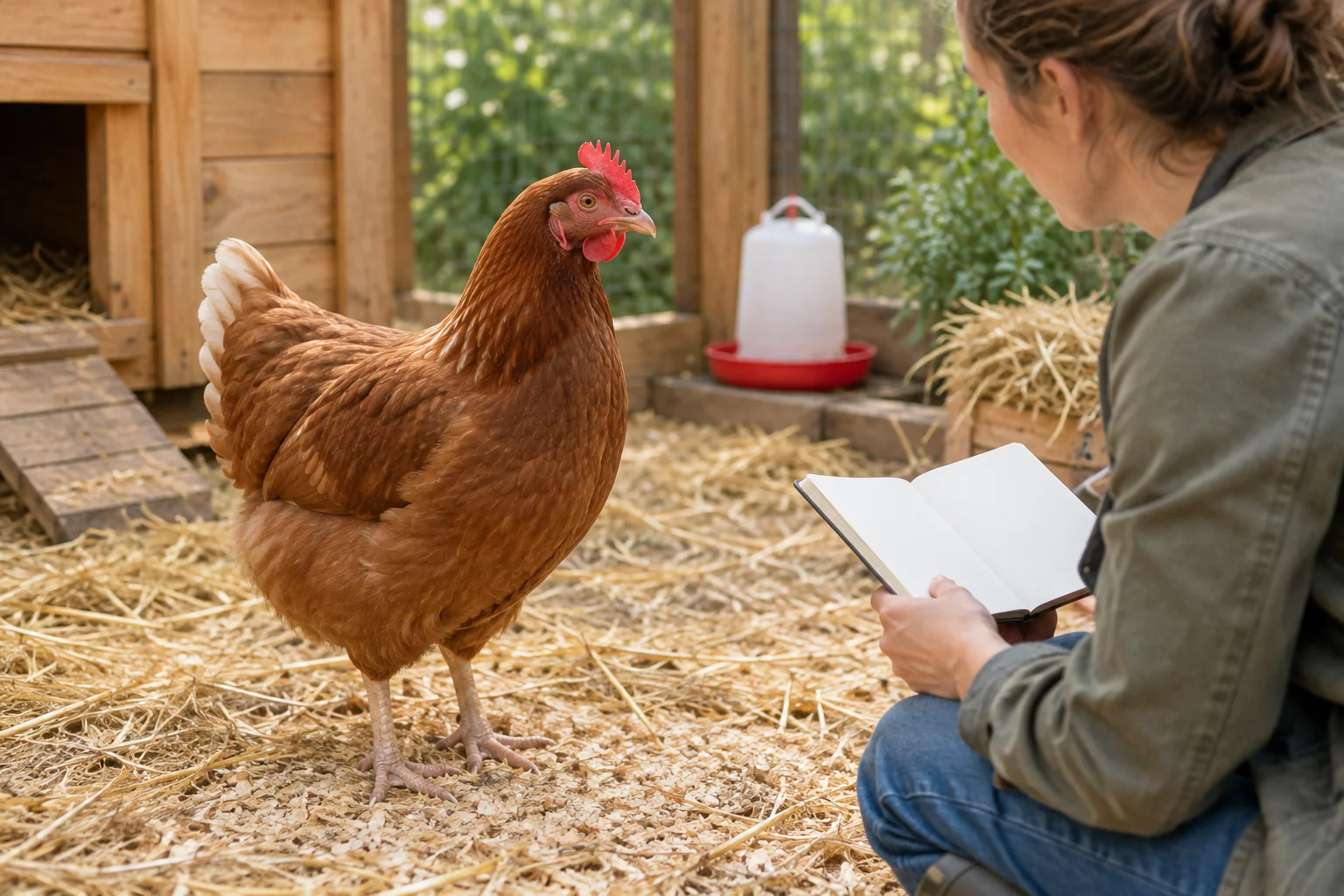 Una gallina marrone sta sulla paglia in un pollaio, mentre una persona seduta accanto a lei tiene un quaderno aperto con le pagine vuote.