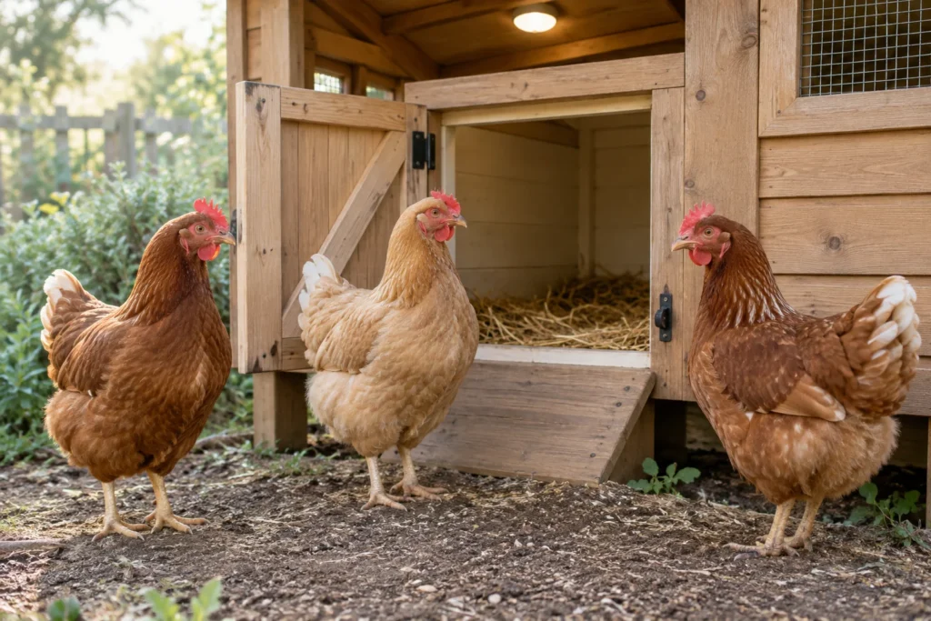 Tre galline vicino a un pollaio in legno con una lampada accesa sul soffitto.