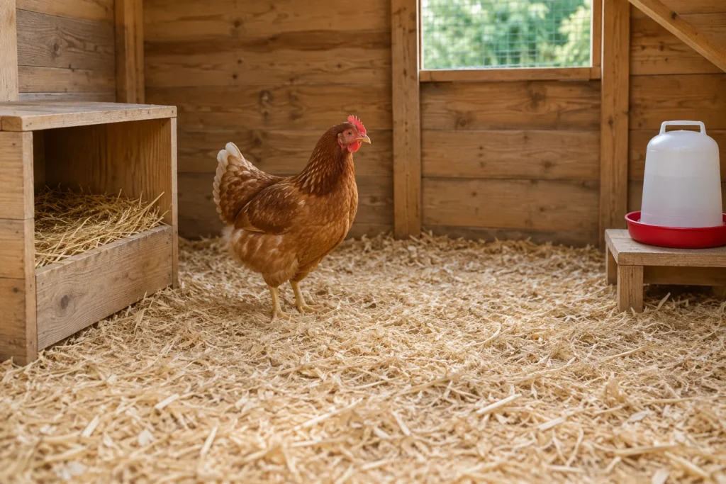 Illustrazione di una gallina marrone in un pollaio di legno, con lettiera di colore chiaro sul pavimento, un nido con paglia e un abbeveratoio.