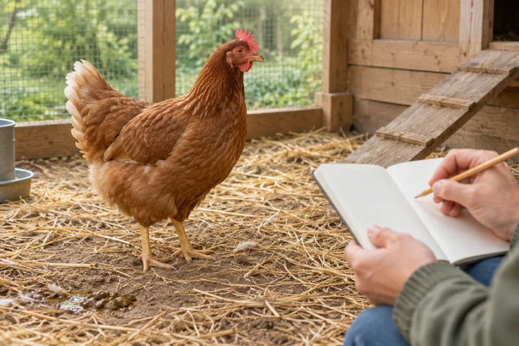 Gallina marrone in un recinto, accanto a una persona che se ne prende cura con un quaderno vuoto e una matita. A terra ci sono paglia e feci.