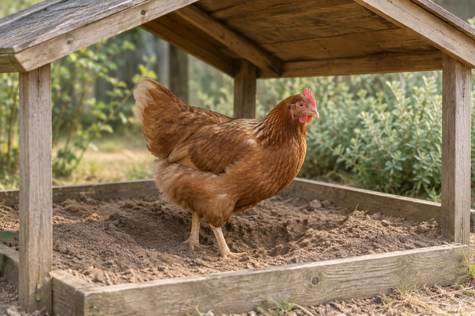 Una gallina marrone sta nella terra friabile di una vasca bassa di legno sotto una tettoia di legno.