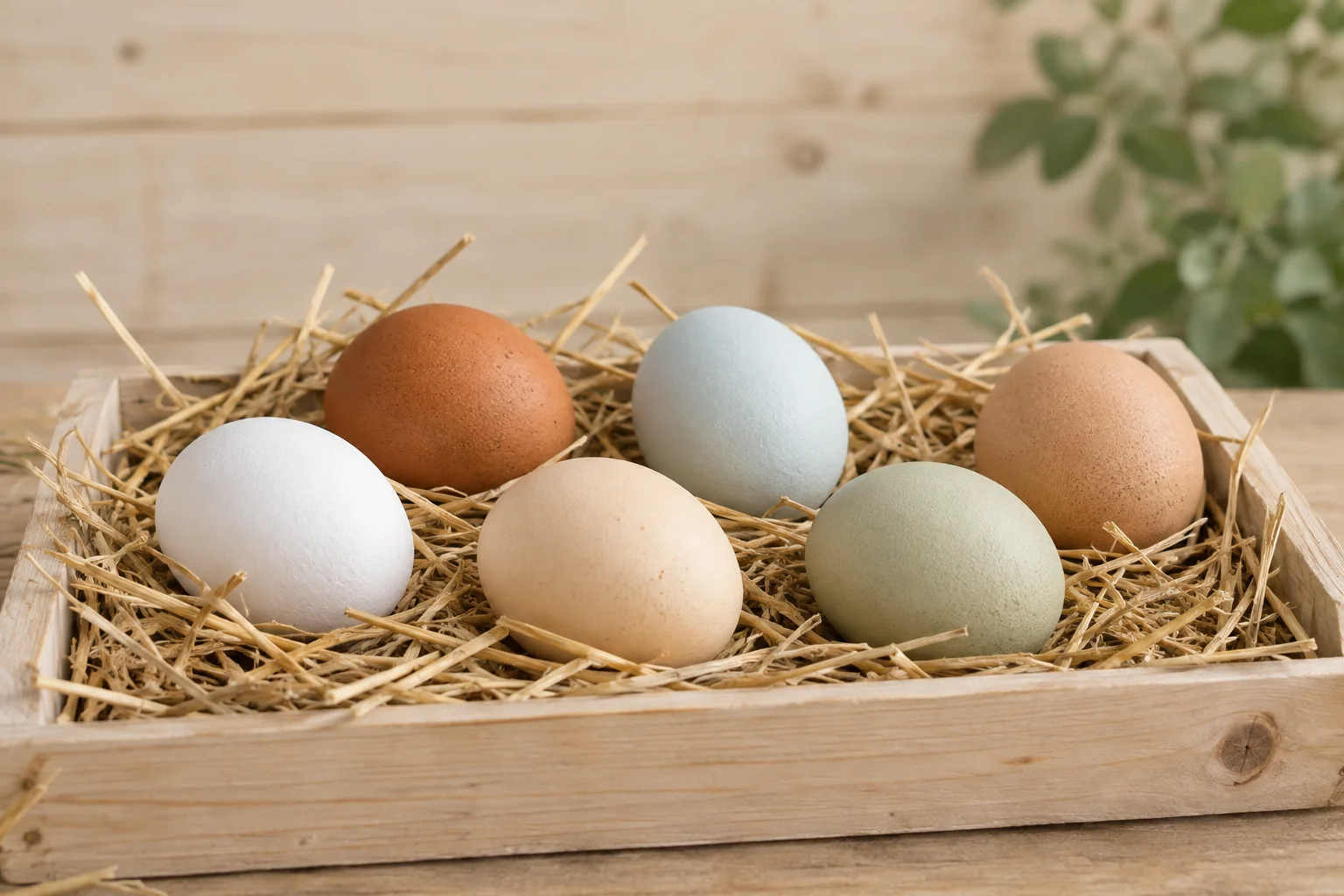 Sei uova con gusci bianchi, color crema, marroni, azzurri e verde chiaro sono adagiate sulla paglia in una cassetta di legno.
