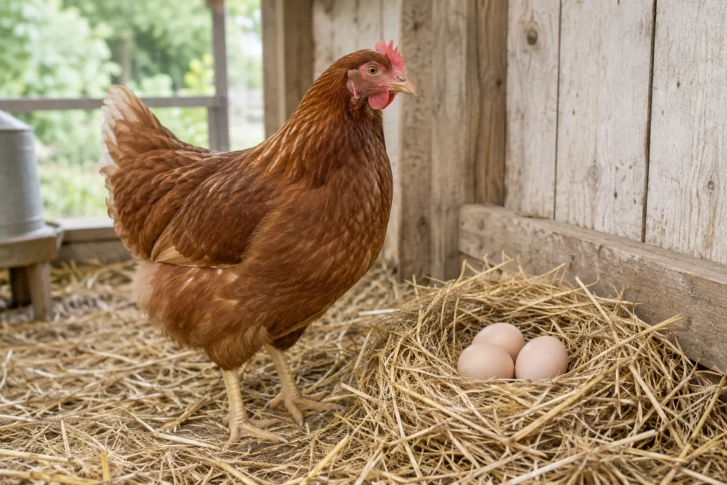 Una gallina marrone sta accanto a un nido di paglia con tre uova in un pollaio di legno.