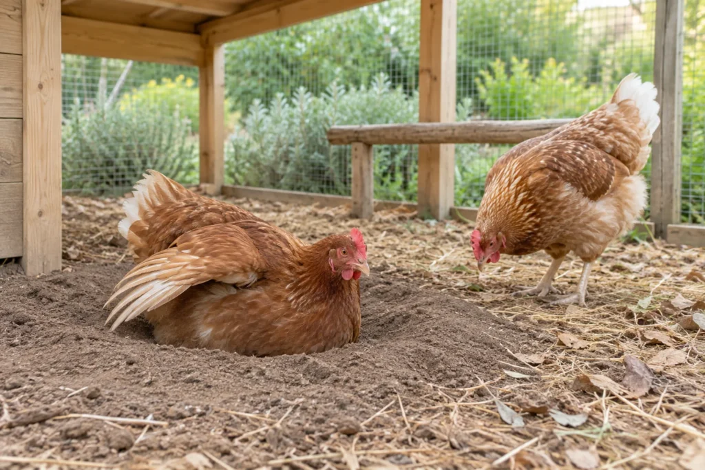 Due galline marroni in un recinto coperto: una è distesa in una buca di terra smossa, l'altra sta in piedi su paglia e foglie.