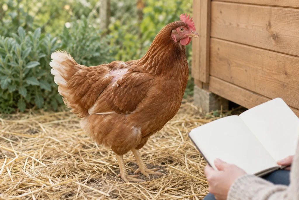 Gallina marrone con una zona di piumaggio rado sul dorso, accanto a una persona con un quaderno vuoto.