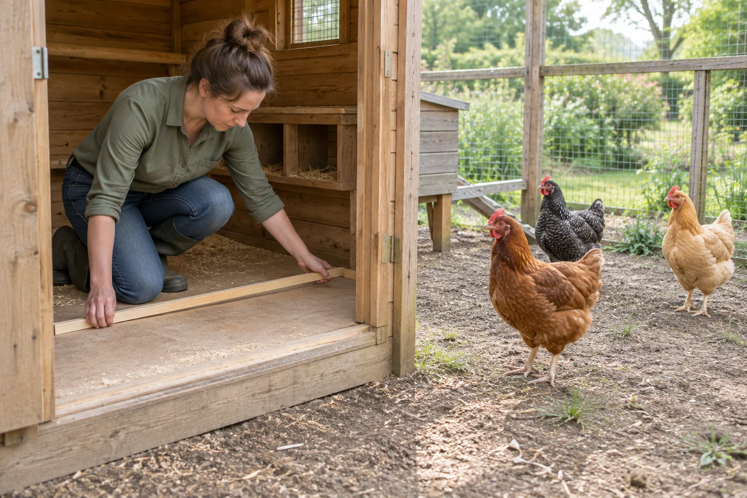 Una persona appoggia un listello di legno senza segni sul pavimento di un pollaio. Tre galline si trovano nel recinto adiacente.
