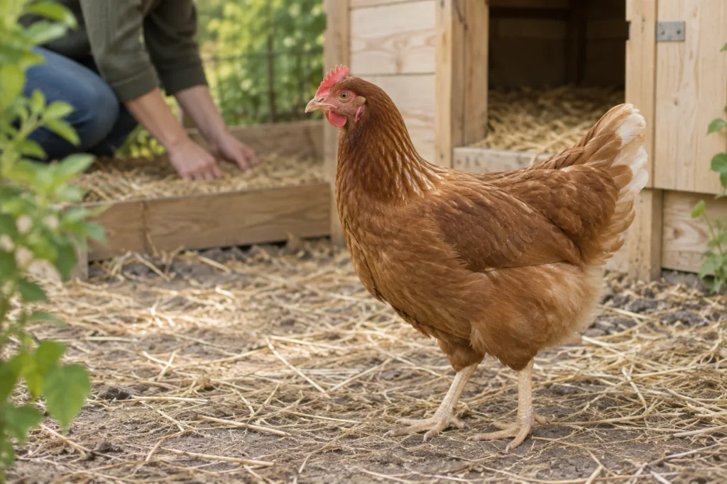 Una gallina marrone sta in piedi con entrambe le zampe visibili su paglia e terra davanti a un pollaio di legno, mentre una persona sullo sfondo osserva la paglia.