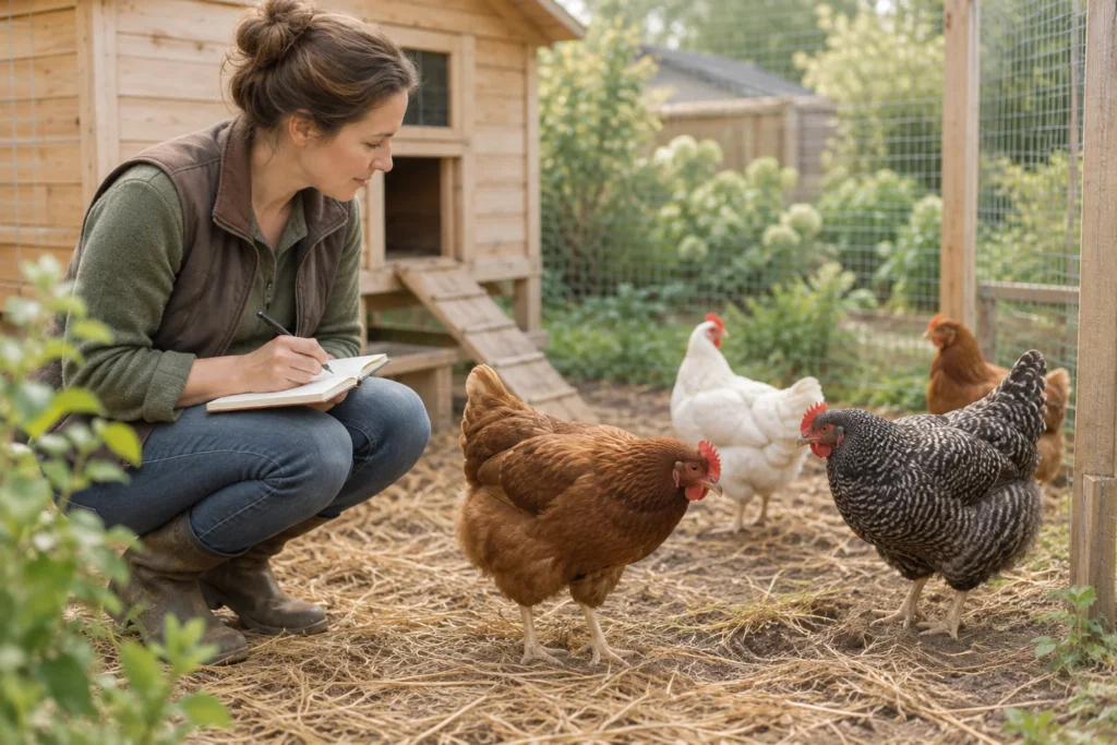 Una donna prende appunti mentre osserva delle galline in un recinto.