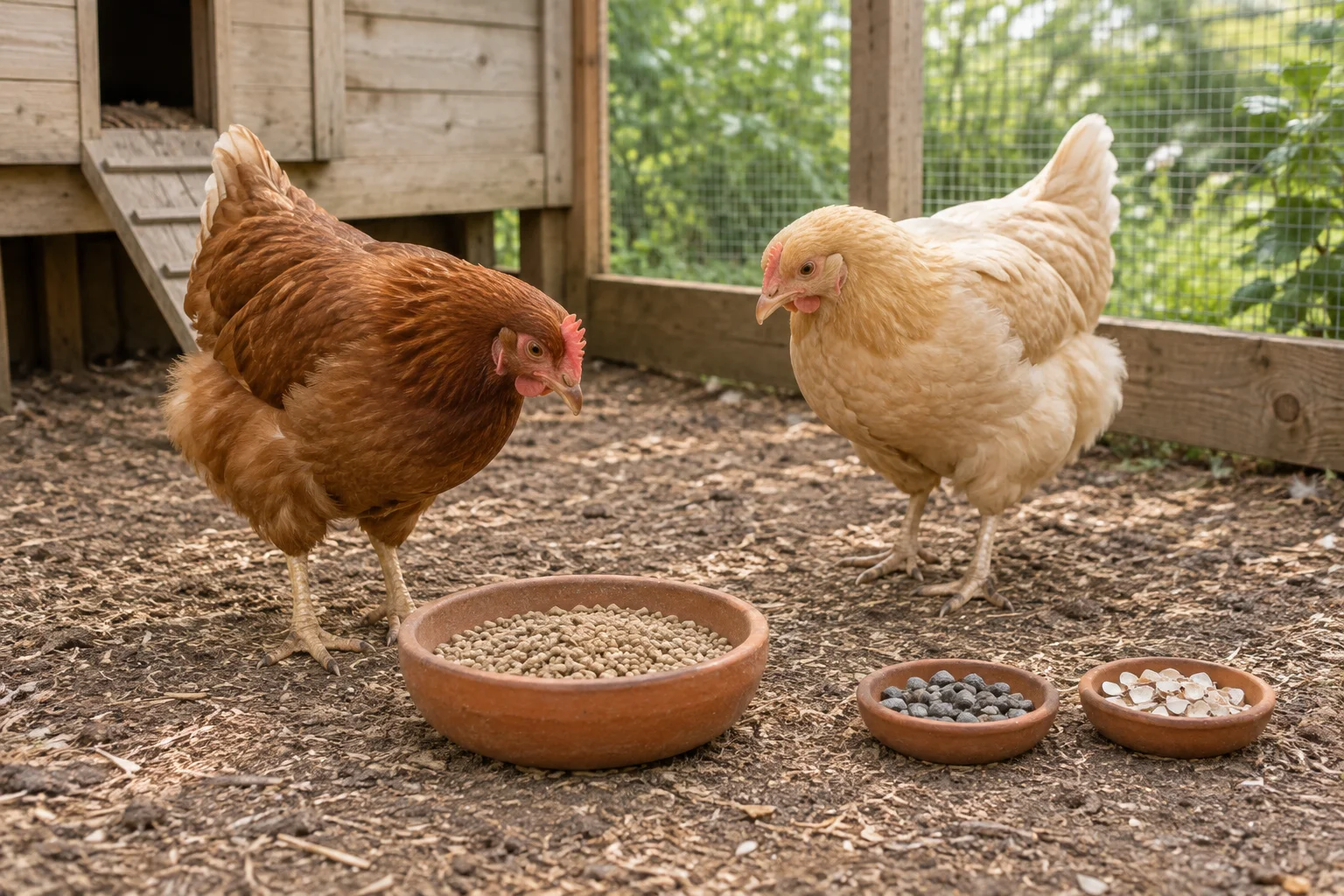 Due galline in un recinto vicino a una mangiatoia e a ciotole separate con sassolini scuri e frammenti di conchiglie bianche.