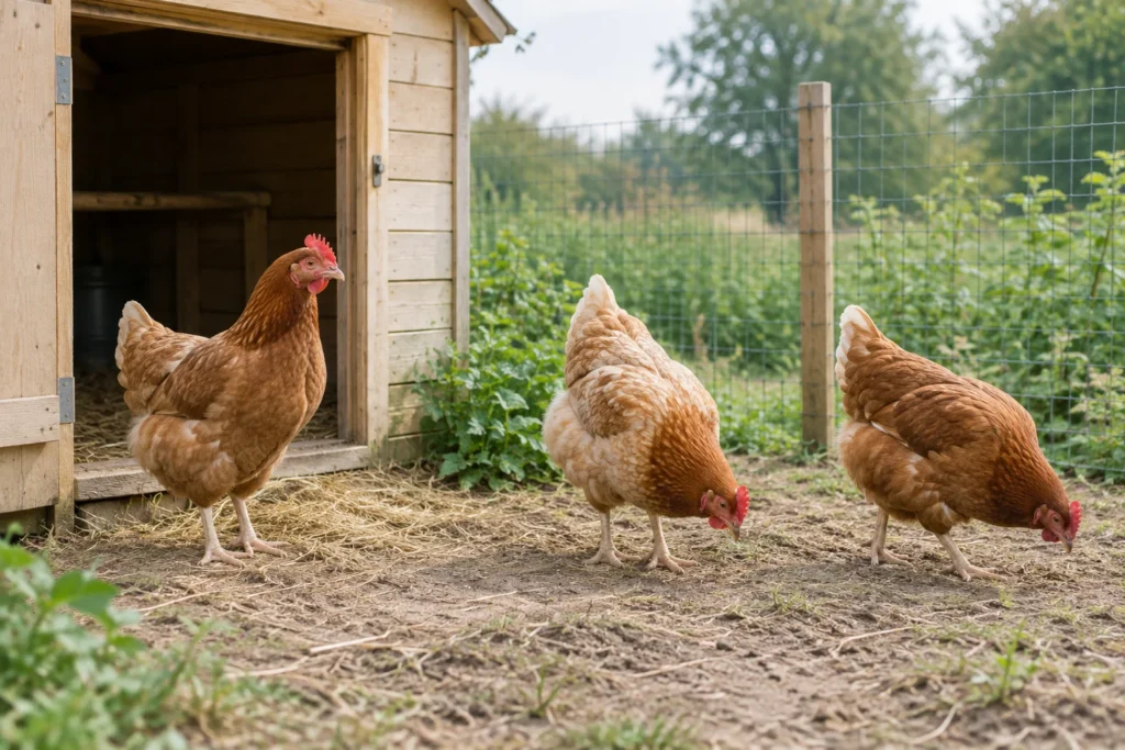 Tre galline marroni stanno vicino alla porta aperta di un pollaio in legno e razzolano, accanto a uno spazio esterno recintato.