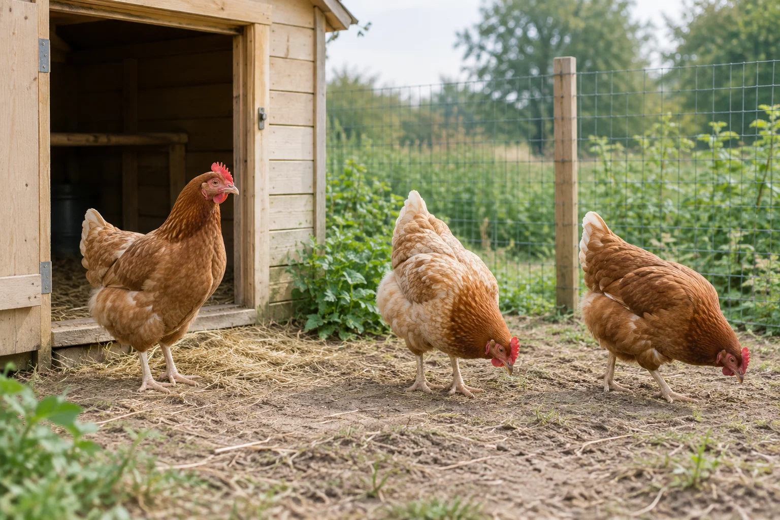 Tre galline marroni stanno vicino alla porta aperta di un pollaio in legno e razzolano, accanto a uno spazio esterno recintato.