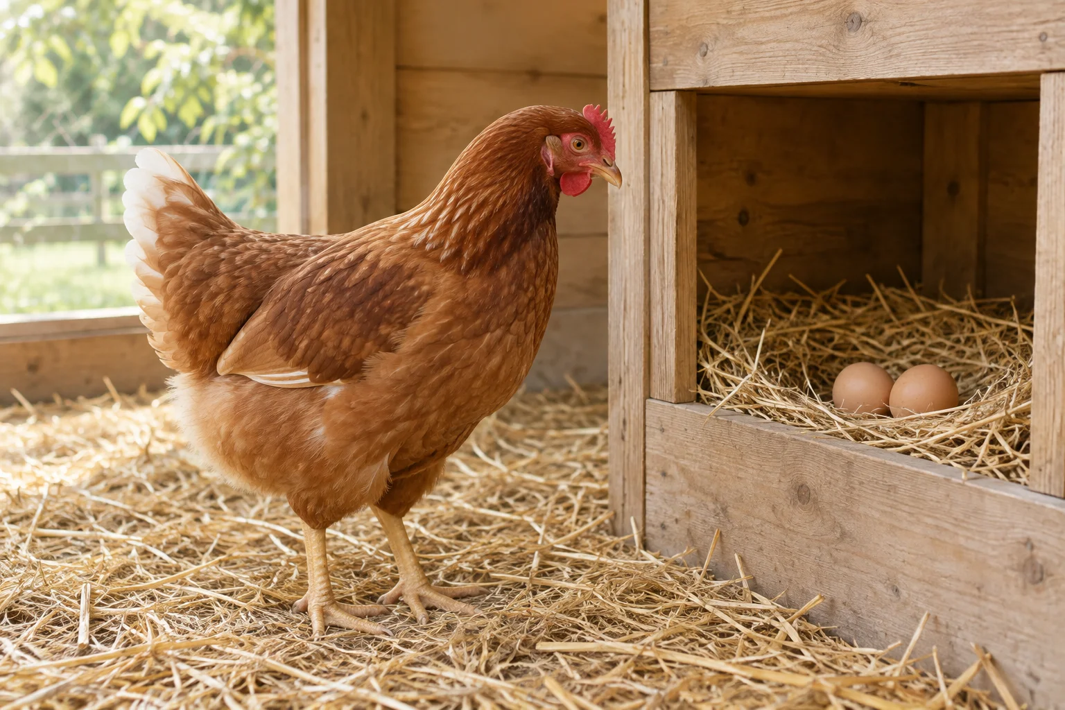 Una gallina marrone sta sulla paglia accanto a un nido di legno con due uova.
