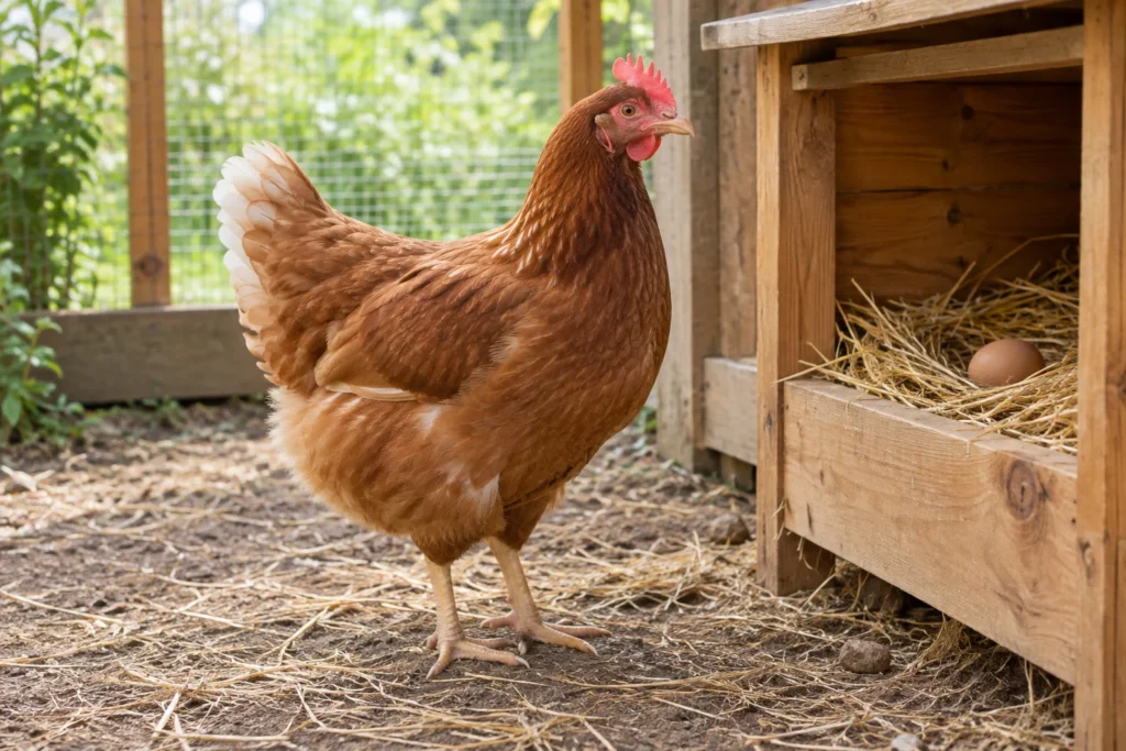 Gallina marrone sulla paglia accanto a un nido di deposizione in legno con un uovo.