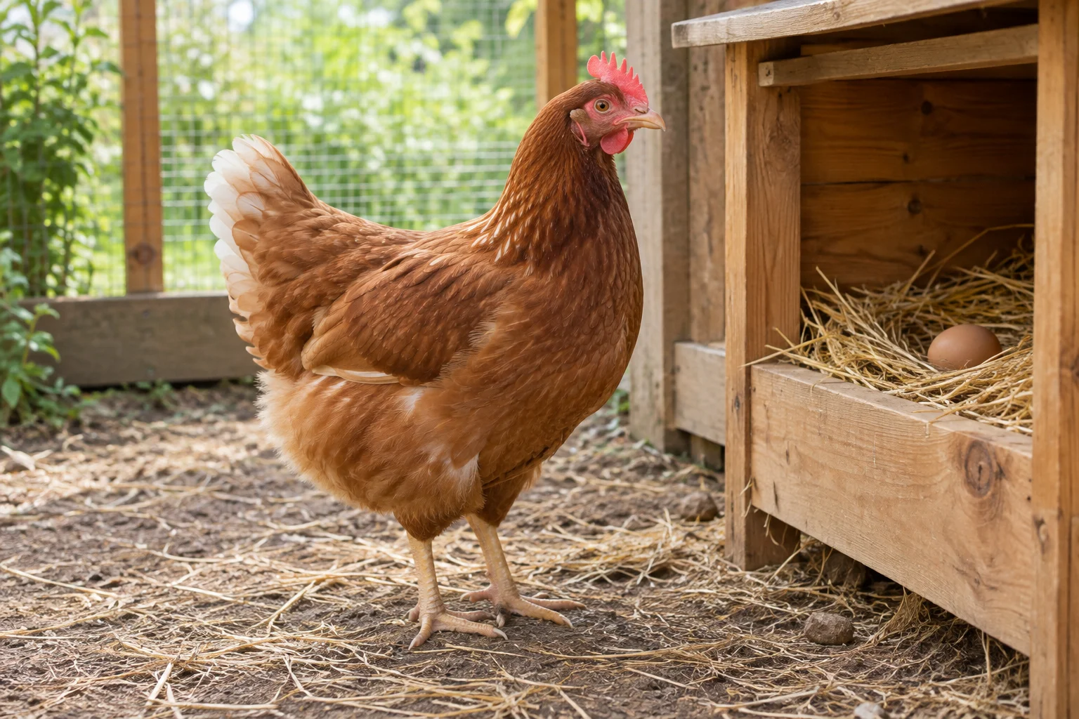 Gallina marrone sulla paglia accanto a un nido di deposizione in legno con un uovo.