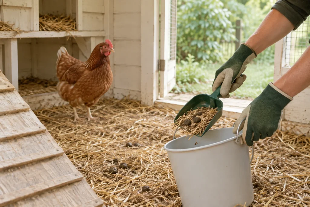 Mani guantate tengono una pala con paglia e pollina sopra un secchio bianco in un pollaio. Sullo sfondo c'è una gallina marrone.