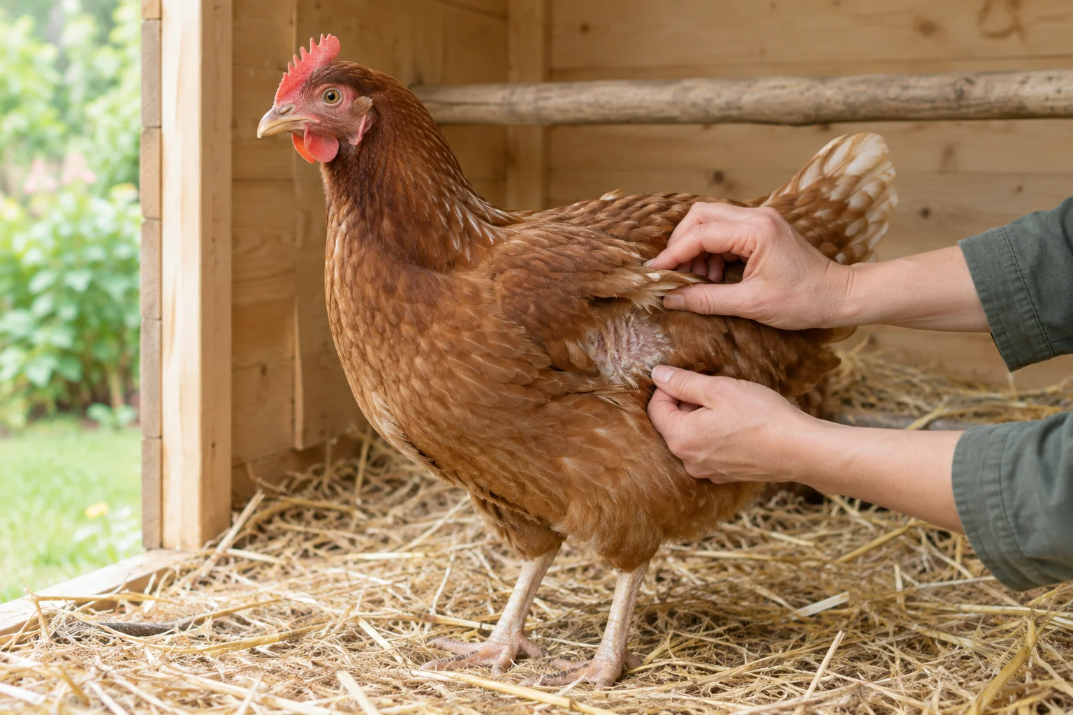 Una gallina marrone è in piedi sulla paglia in un ricovero di legno, mentre due mani le scostano delicatamente le piume.